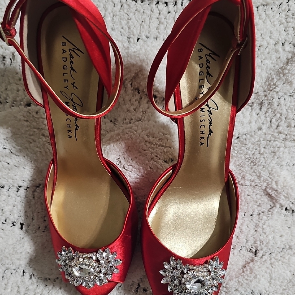 Badgley Mischka Red Satin Heels with Crystal Accents - Picture 6 of 6